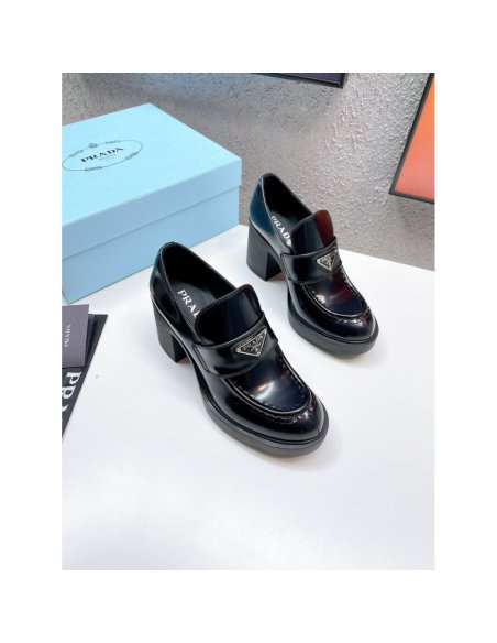 Cheap Reps Prada Chocolate High-heeled Loafers In Black Brushed Leather