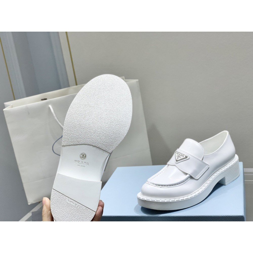 Cheap Reps Prada Womens Loafers In White Brushed Leather