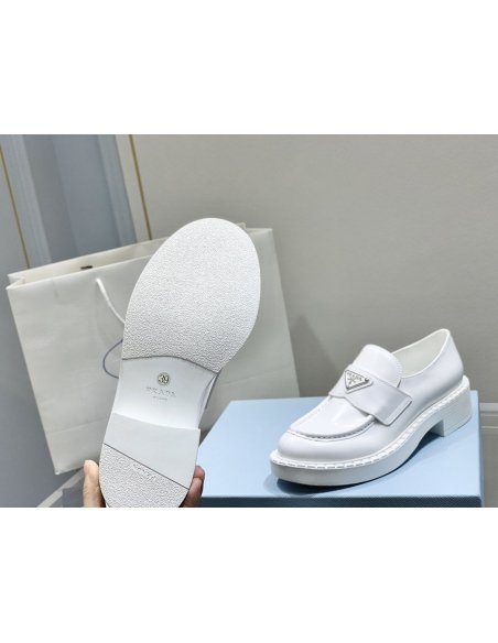 Cheap Reps Prada Womens Loafers In White Brushed Leather