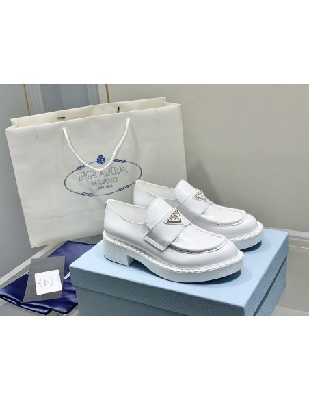 Cheap Reps Prada Womens Loafers In White Brushed Leather