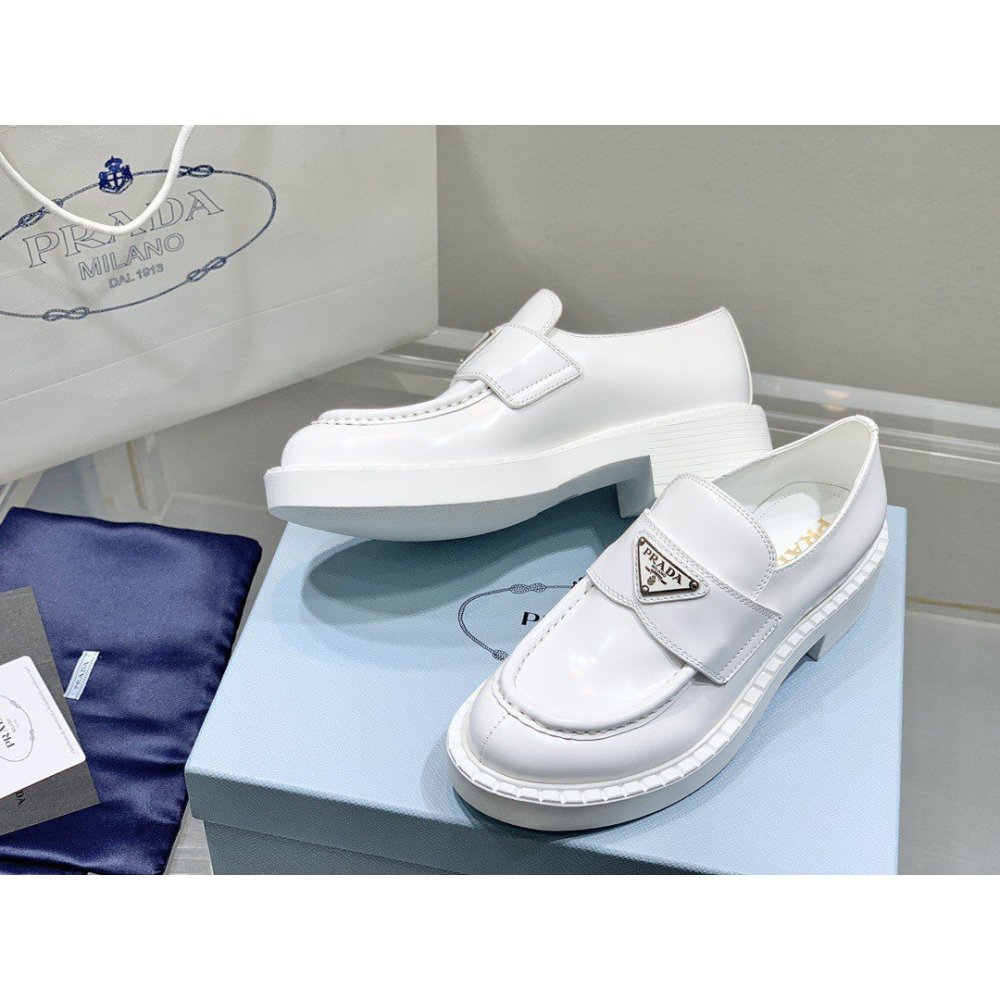 Cheap Reps Prada Womens Loafers In White Brushed Leather
