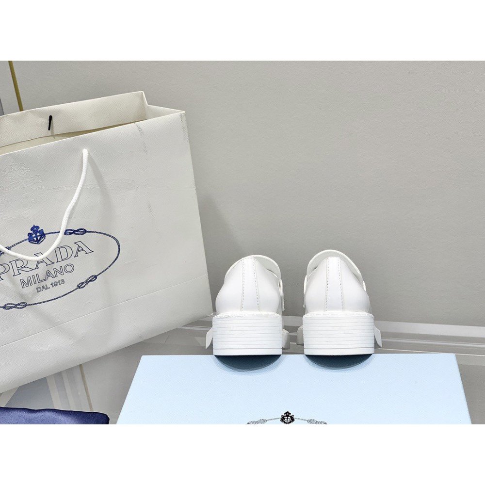 Cheap Reps Prada Womens Loafers In White Brushed Leather