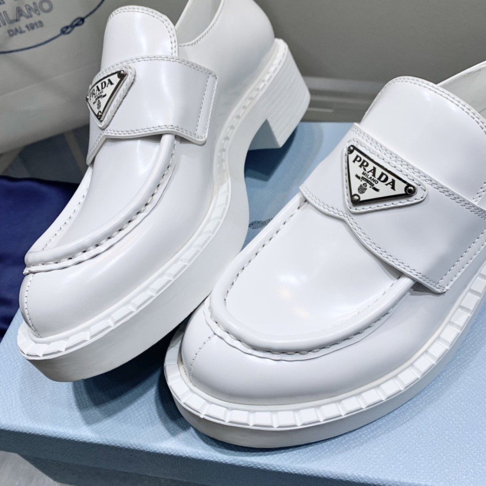 Cheap Reps Prada Womens Loafers In White Brushed Leather