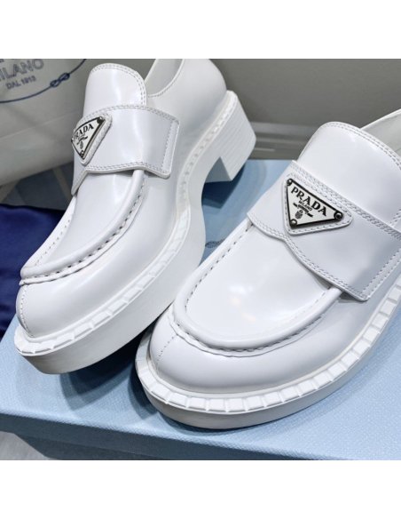 Cheap Reps Prada Womens Loafers In White Brushed Leather