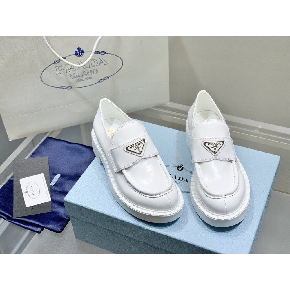 Cheap Reps Prada Womens Loafers In White Brushed Leather