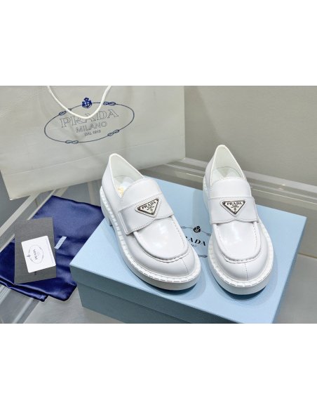 Cheap Reps Prada Womens Loafers In White Brushed Leather