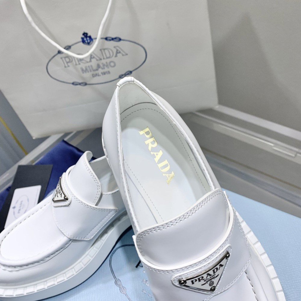Cheap Reps Prada Womens Loafers In White Brushed Leather