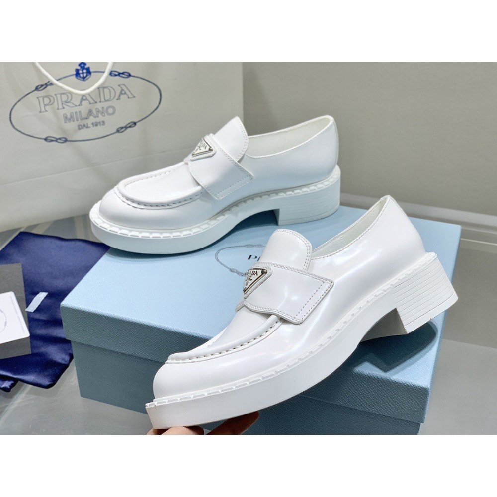 Cheap Reps Prada Womens Loafers In White Brushed Leather