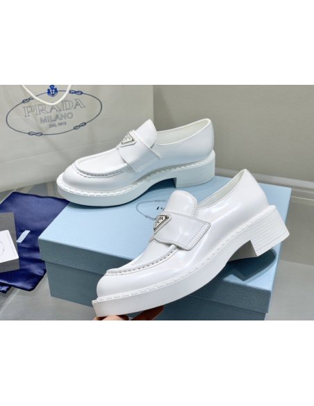 Cheap Reps Prada Womens Loafers In White Brushed Leather