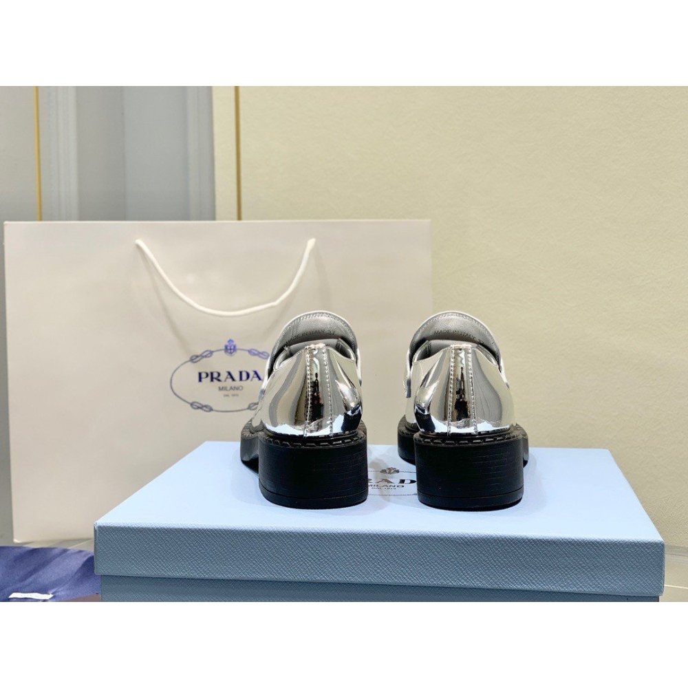 Cheap Reps Prada Womens Loafers In Silver Metallic Leather