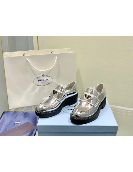 Cheap Reps Prada Womens Loafers In Silver Metallic Leather