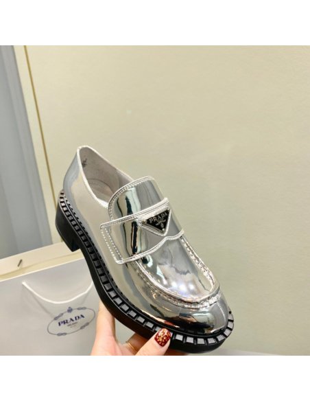 Cheap Reps Prada Womens Loafers In Silver Metallic Leather