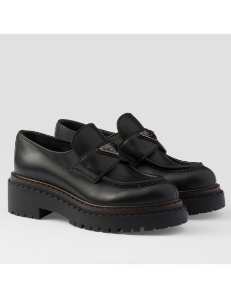 Cheap Reps Prada Womens Double Chocolate Loafers in Black Leather