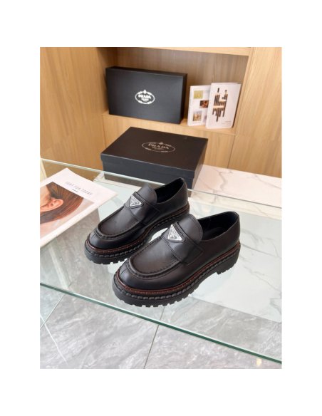 Cheap Reps Prada Womens Double Chocolate Loafers in Black Leather