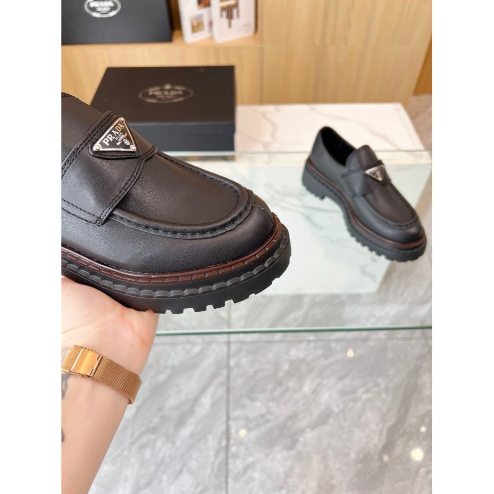 Cheap Reps Prada Womens Double Chocolate Loafers in Black Leather