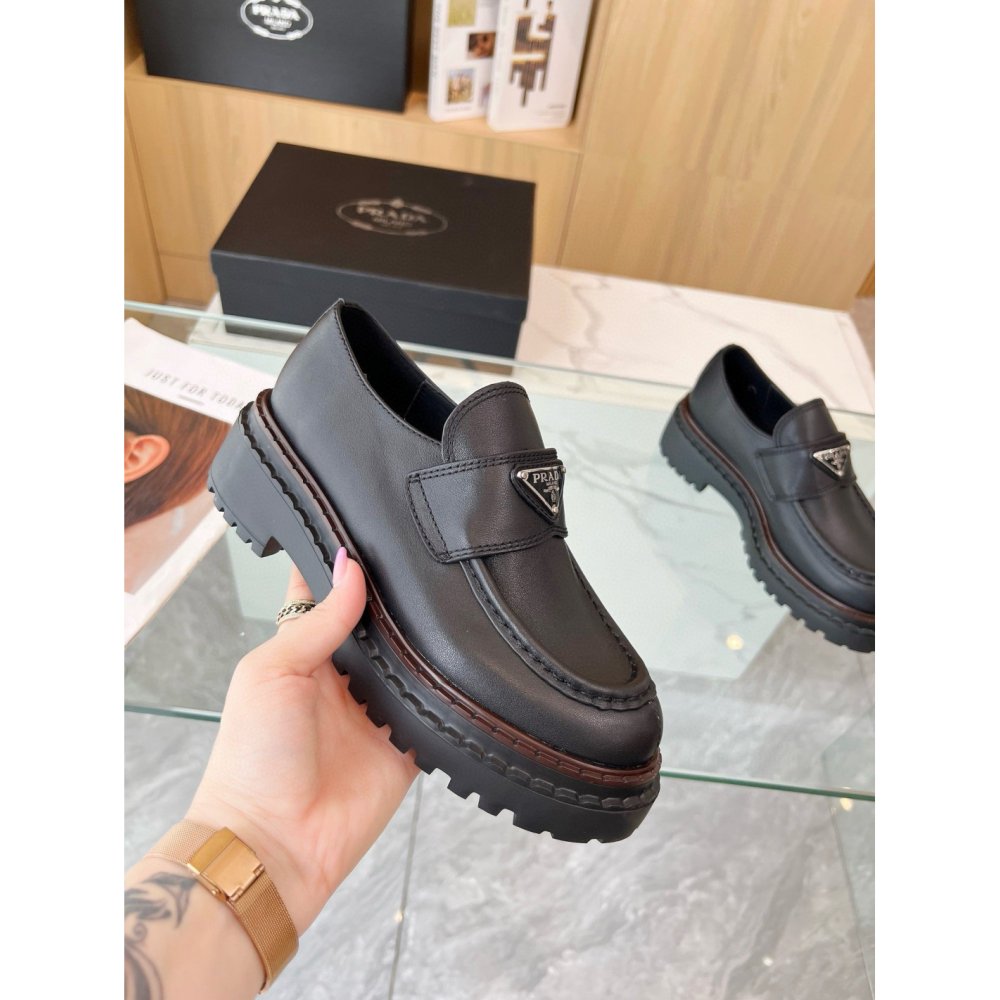 Cheap Reps Prada Womens Double Chocolate Loafers in Black Leather