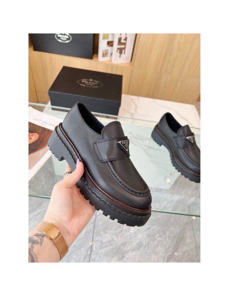 Cheap Reps Prada Womens Double Chocolate Loafers in Black Leather