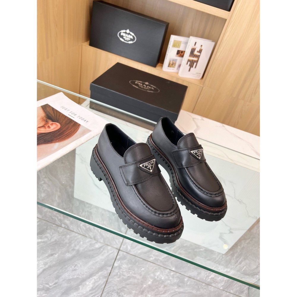 Cheap Reps Prada Womens Double Chocolate Loafers in Black Leather