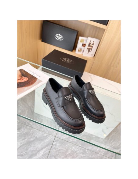 Cheap Reps Prada Womens Double Chocolate Loafers in Black Leather