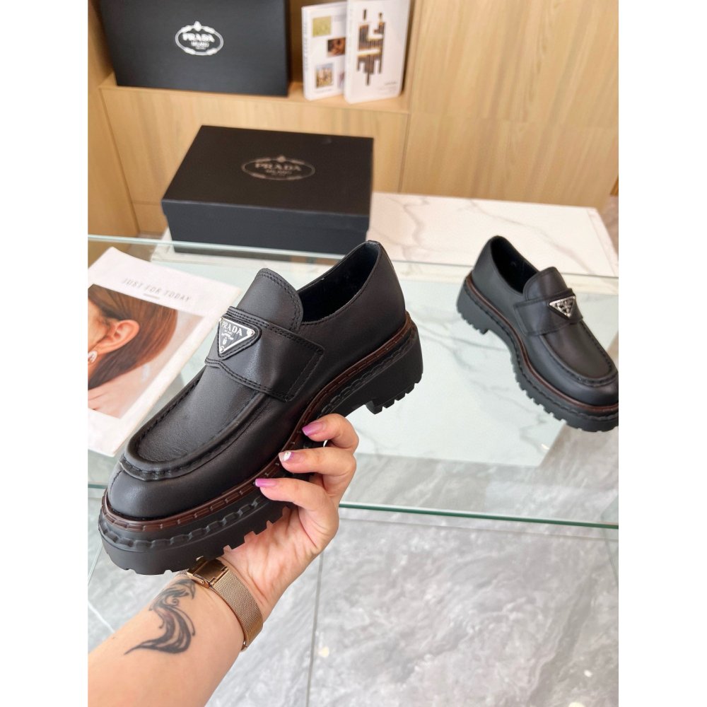 Cheap Reps Prada Womens Double Chocolate Loafers in Black Leather