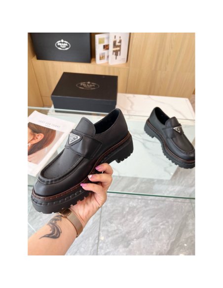 Cheap Reps Prada Womens Double Chocolate Loafers in Black Leather