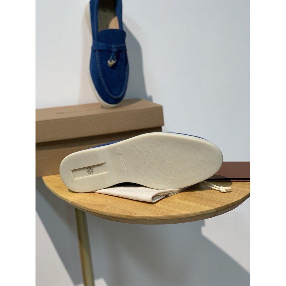 Cheap Reps Loro Piana Womens Summer Charms Walk Loafers in Blue Fluorite Suede Leather