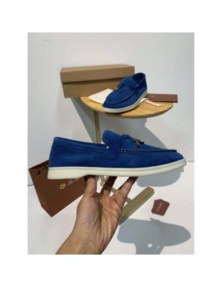 Cheap Reps Loro Piana Womens Summer Charms Walk Loafers in Blue Fluorite Suede Leather