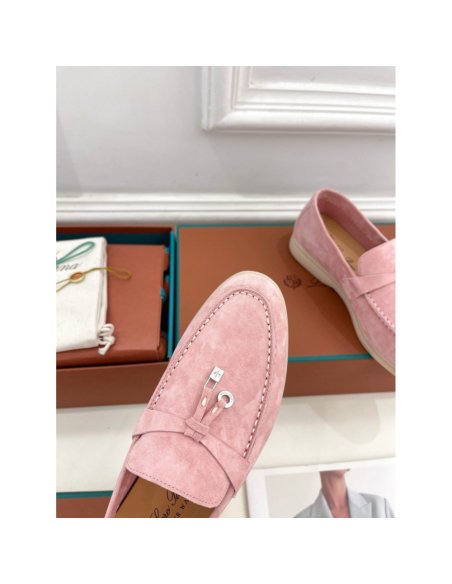 Cheap Reps Loro Piana Womens Summer Charms Walk Loafers in Pink Suede Leather