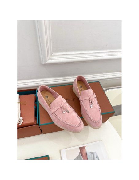 Cheap Reps Loro Piana Womens Summer Charms Walk Loafers in Pink Suede Leather