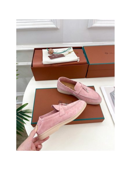 Cheap Reps Loro Piana Womens Summer Charms Walk Loafers in Pink Suede Leather