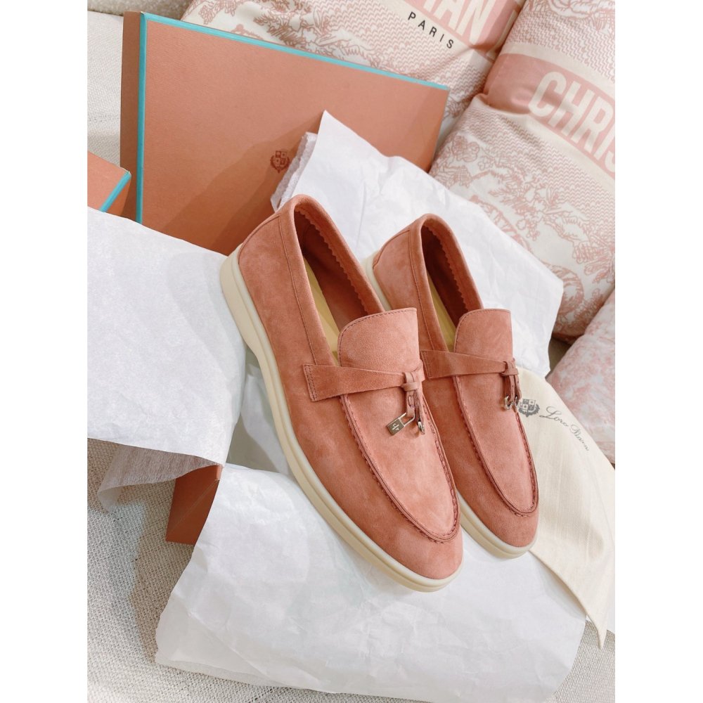 Cheap Reps Loro Piana Womens Summer Charms Walk Loafers in Sorbet Pink Suede Leather