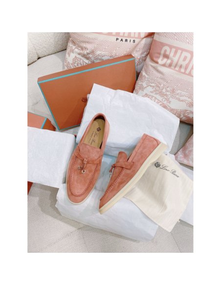 Cheap Reps Loro Piana Womens Summer Charms Walk Loafers in Sorbet Pink Suede Leather