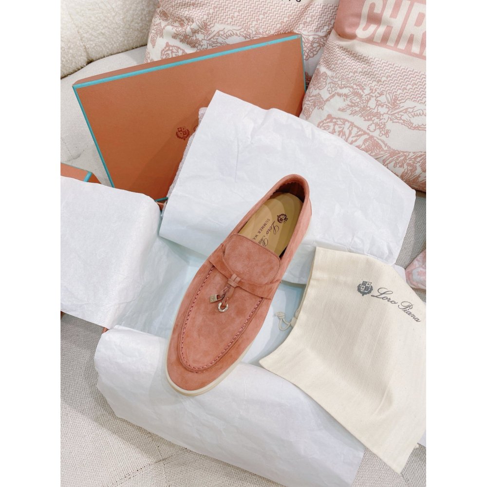Cheap Reps Loro Piana Womens Summer Charms Walk Loafers in Sorbet Pink Suede Leather