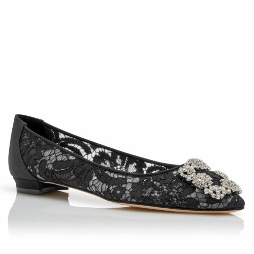 Cheap Reps Manolo Blahnik Hangisi Flats In Black Lace with Crystal Buckle