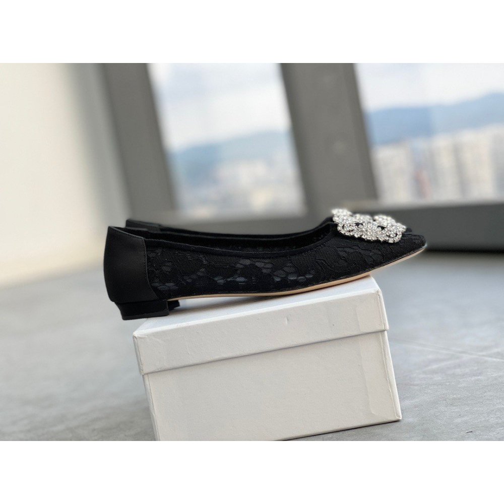 Cheap Reps Manolo Blahnik Hangisi Flats In Black Lace with Crystal Buckle