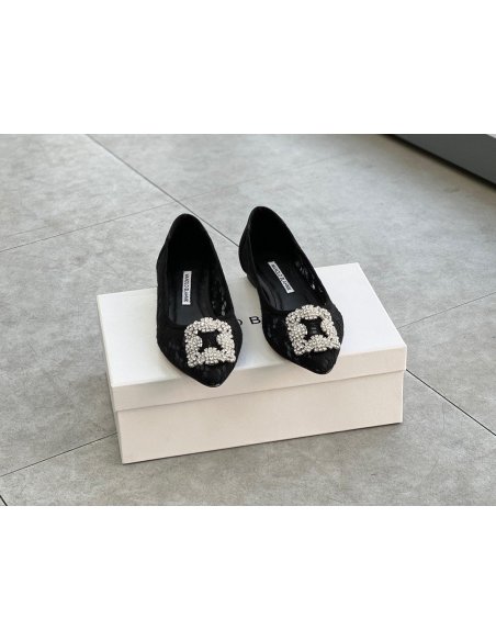 Cheap Reps Manolo Blahnik Hangisi Flats In Black Lace with Crystal Buckle