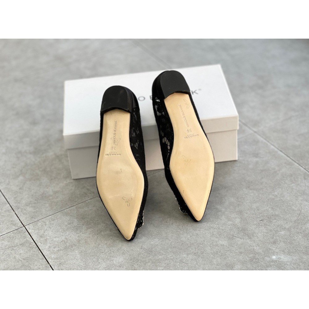 Cheap Reps Manolo Blahnik Hangisi Flats In Black Lace with Crystal Buckle