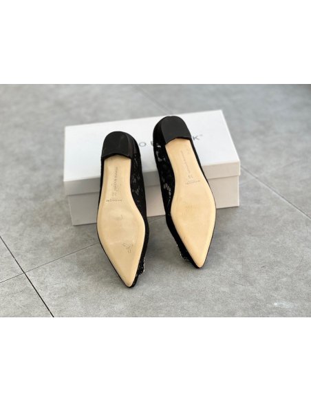 Cheap Reps Manolo Blahnik Hangisi Flats In Black Lace with Crystal Buckle