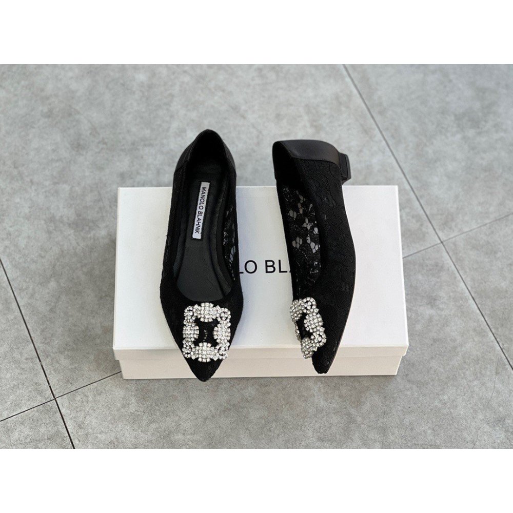 Cheap Reps Manolo Blahnik Hangisi Flats In Black Lace with Crystal Buckle