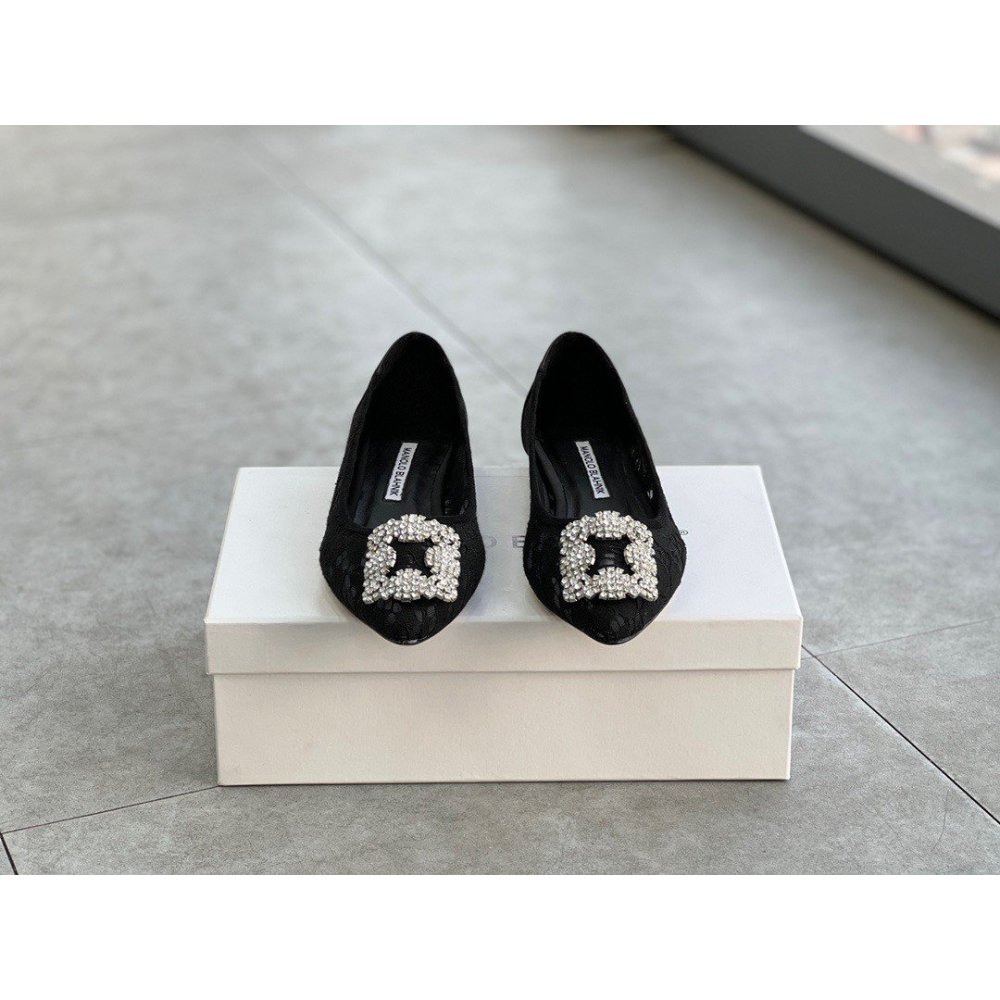 Cheap Reps Manolo Blahnik Hangisi Flats In Black Lace with Crystal Buckle