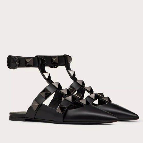 Cheap Reps Valentino Roman Stud Ballet Flats In Black Calfskin with Tonal Studs