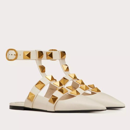 Cheap Reps Valentino Roman Stud Ballet Flats In White Calfskin