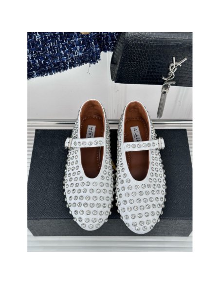 Cheap Reps Alaia Ballet Flats in White Lambskin with Strass