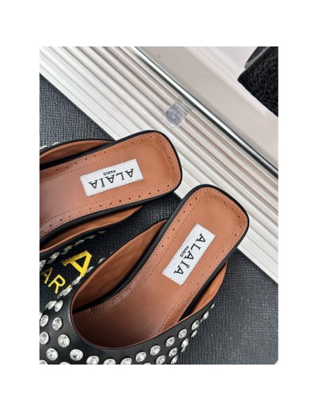Cheap Reps Alaia Mules in Black Lambskin with Strass
