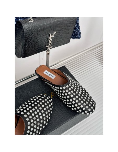 Cheap Reps Alaia Mules in Black Lambskin with Strass