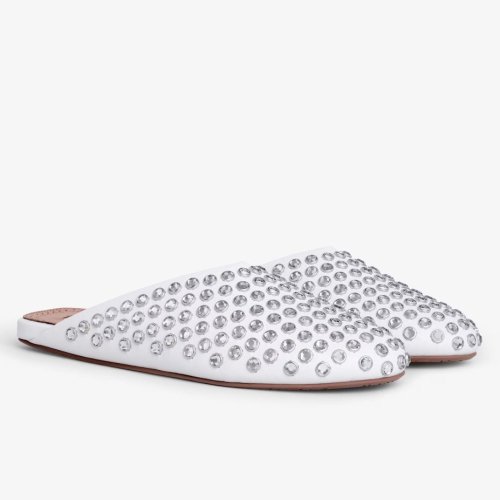 Cheap Reps Alaia Mules in White Lambskin with Strass