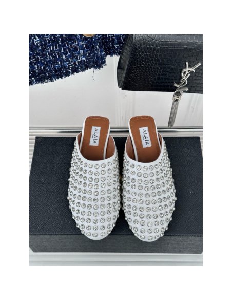 Cheap Reps Alaia Mules in White Lambskin with Strass