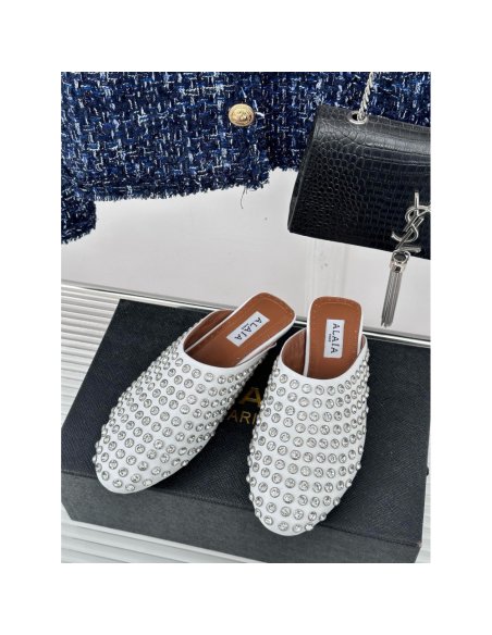 Cheap Reps Alaia Mules in White Lambskin with Strass