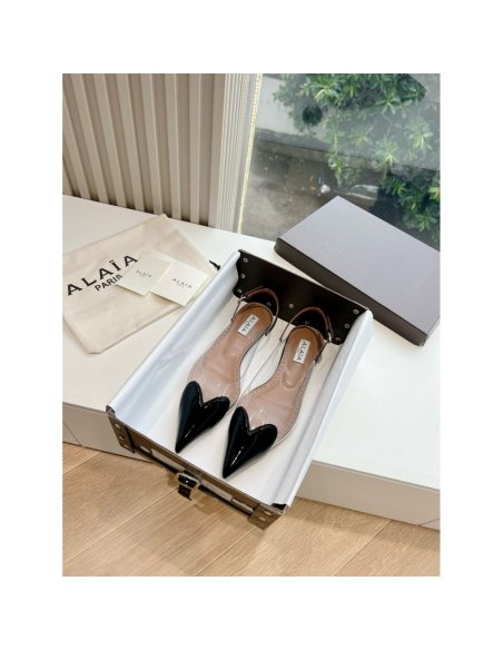 Cheap Reps Alaia Le Coeur Slingback Flats in Black Patent Calfskin