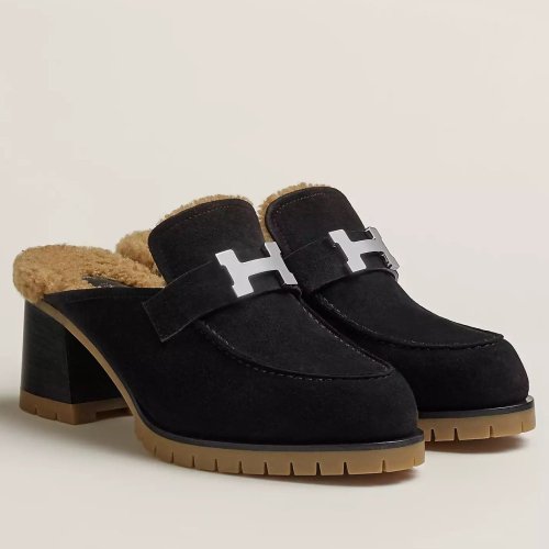 Cheap Reps Hermes Flore 60 Mules in Black Suede with Shearling